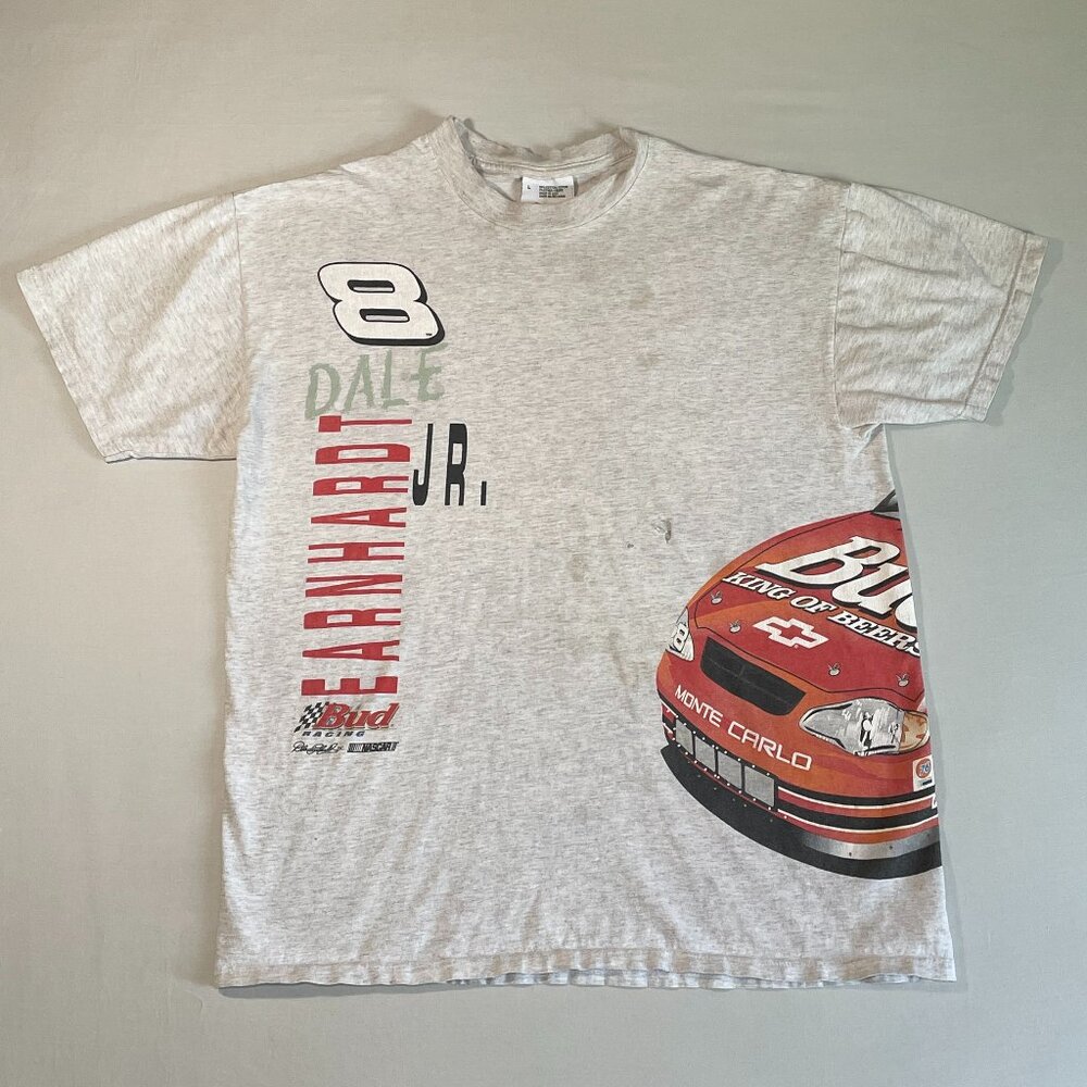 VINTAGE Dale Earnhardt Jr. NASCAR AOP T-Shirt | Gray | Budweiser Racing | Size L